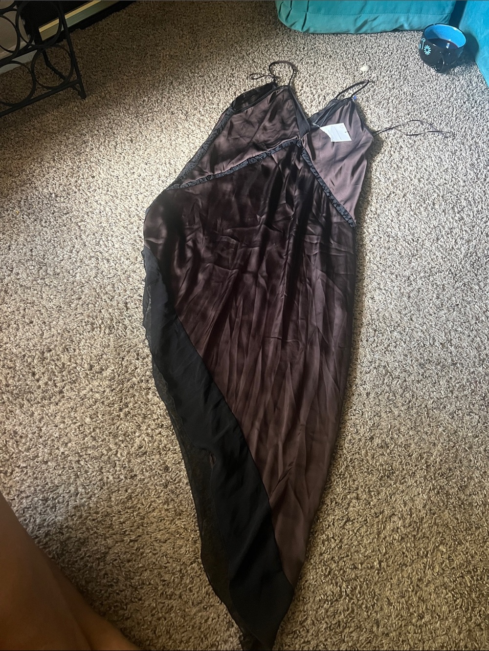 Zara Asymmetrical Satin Slip Dress in Brown and Black